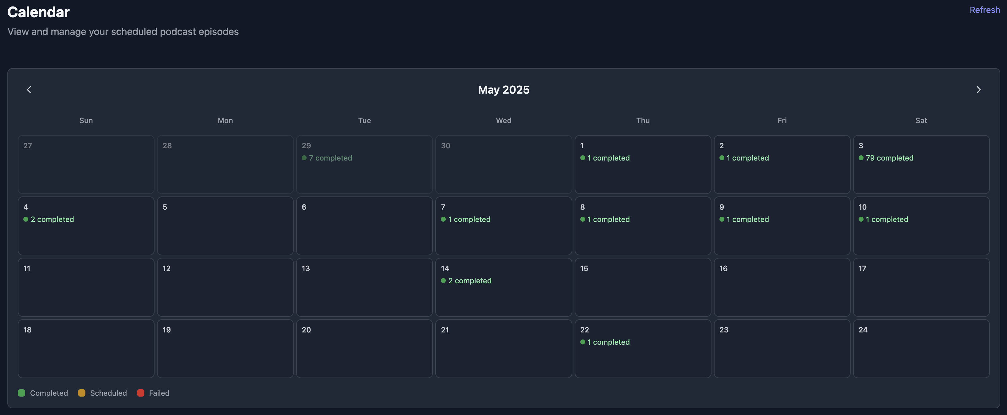 Calendar dashboard showing scheduled podcast episodes