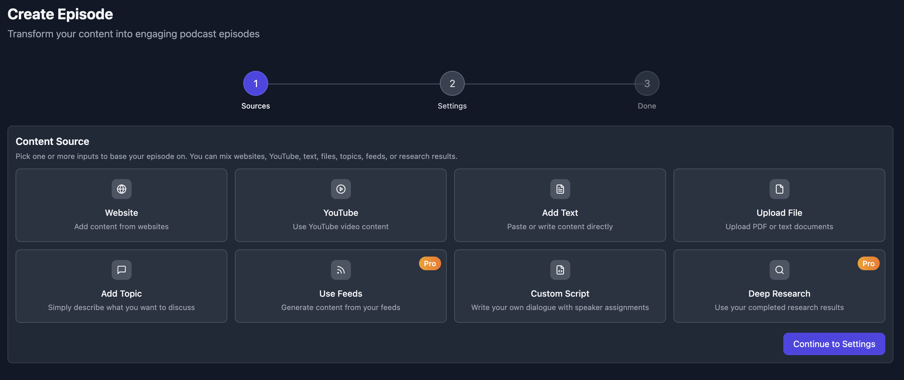 Episode creation step 1 - choose sources