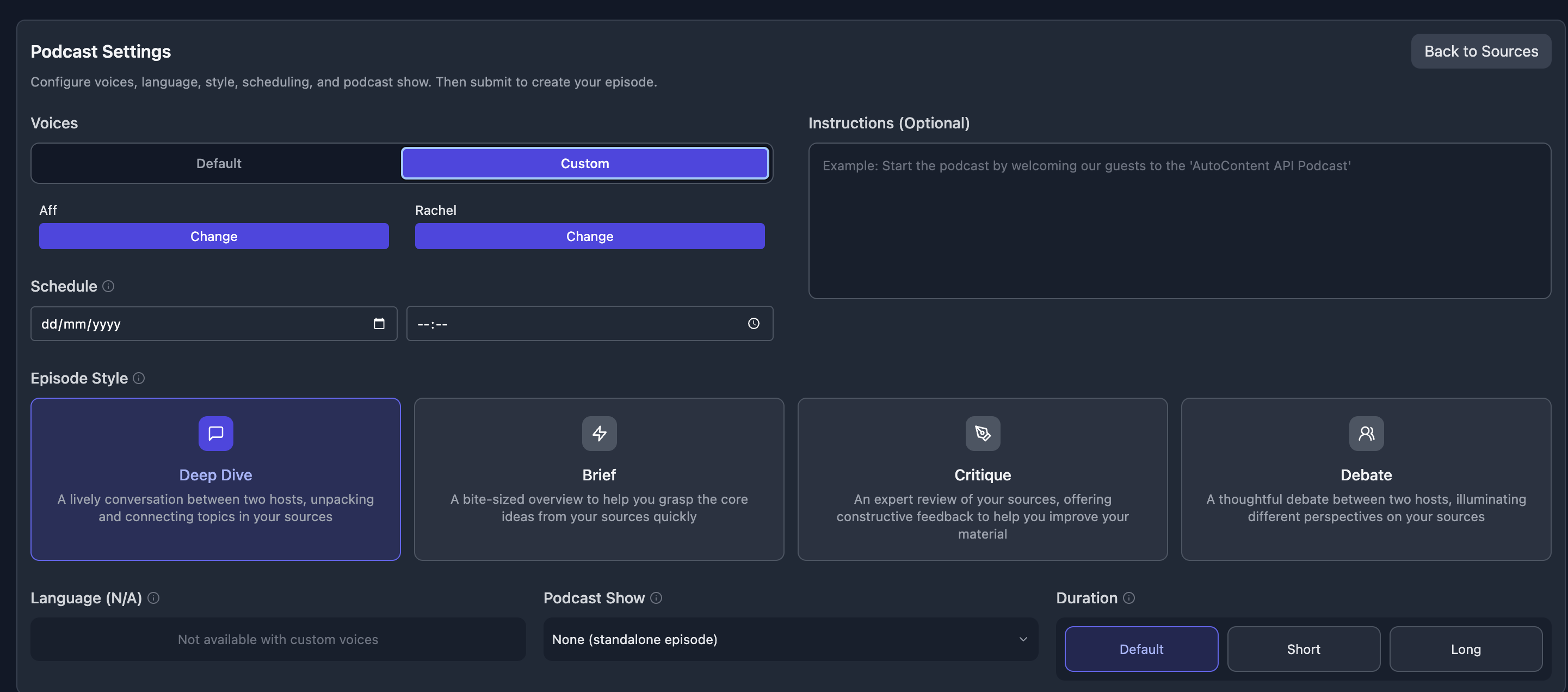 Episode creation step 2 - choose voices and settings