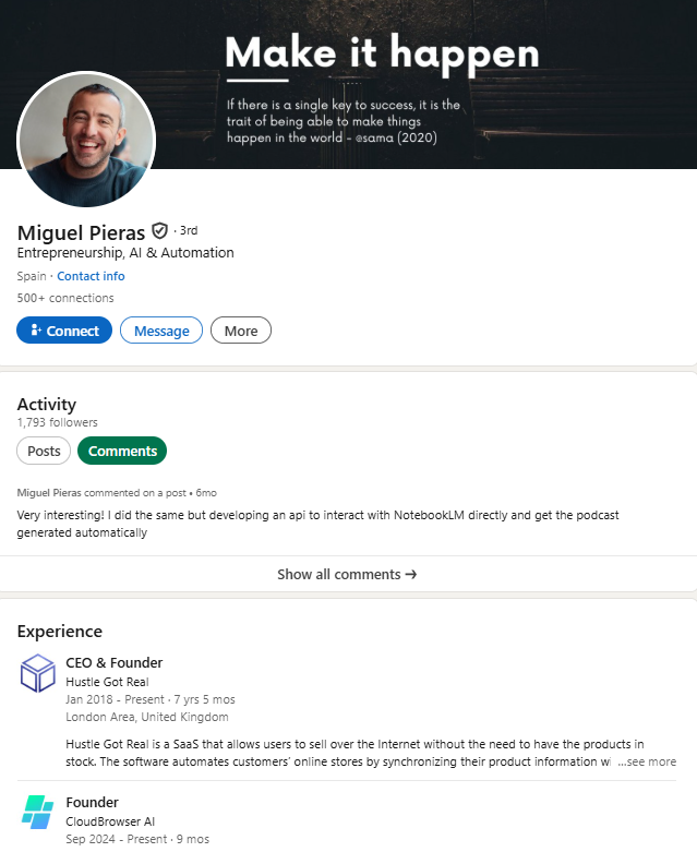 Miguel's LinkedIn Profile showing professional experience and background information