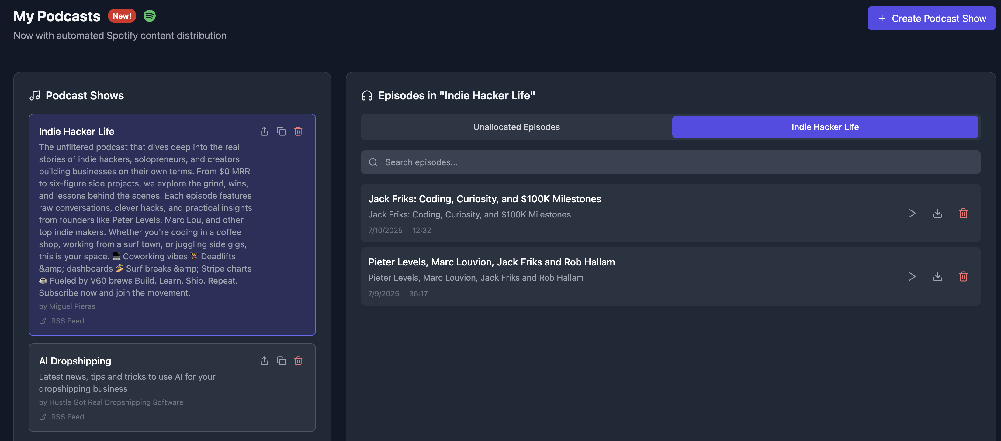 My podcasts dashboard showing automated distribution