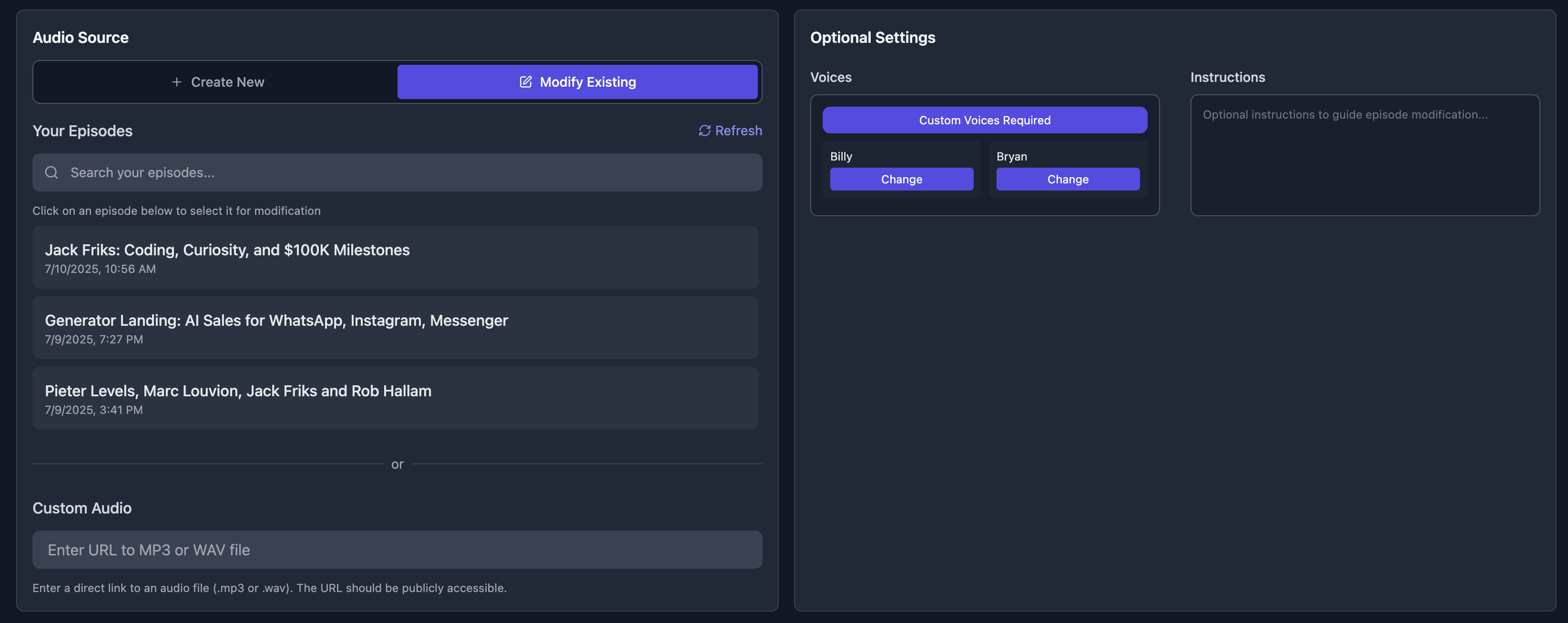 Podcast editing interface with modification options